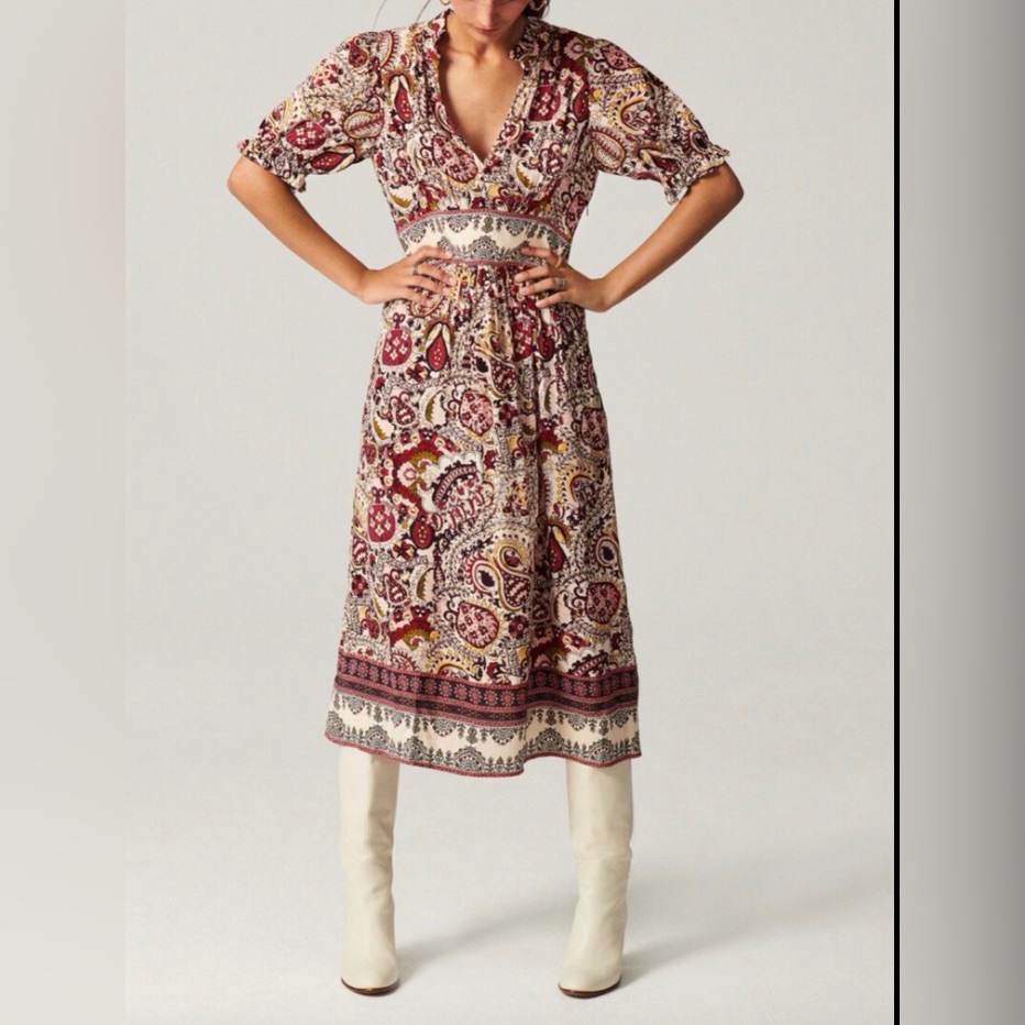 Ba&Sh Robe Zeal Ecru Multicolor Paisley Midi Dress Size S A-35